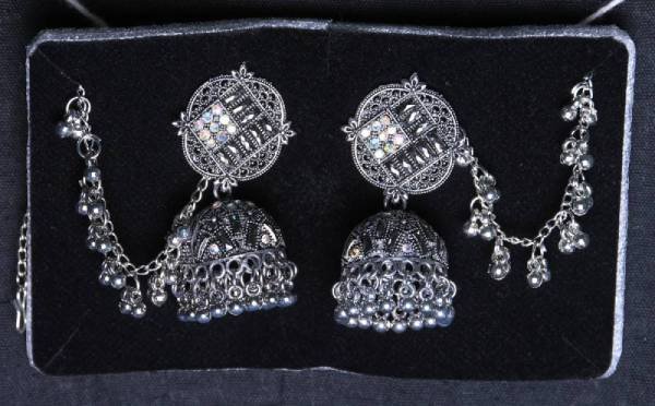 Elegant Silver Crystal & Beads Jhumka Earrings with mattal 3 Elegant Silver Crystal & Beads Jhumka Earrings with mattal - Image 3