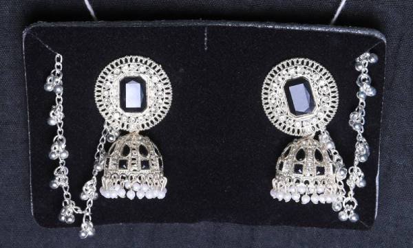 Elegant Silver Crystal & Beads Jhumka Earrings with mattal 4 Elegant Silver Crystal & Beads Jhumka Earrings with mattal - Image 4
