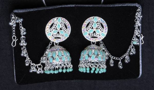 Elegant Silver Crystal & Beads Jhumka Earrings with mattal 5 Elegant Silver Crystal & Beads Jhumka Earrings with mattal - Image 5