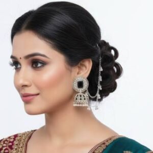 Elegant Silver Crystal & Beads Jhumka Earrings with mattal