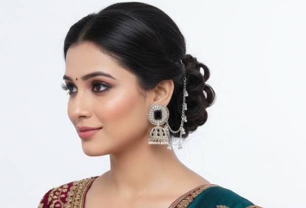 Elegant Silver Crystal & Beads Jhumka Earrings with mattal 1 Elegant Silver Crystal & Beads Jhumka Earrings with mattal